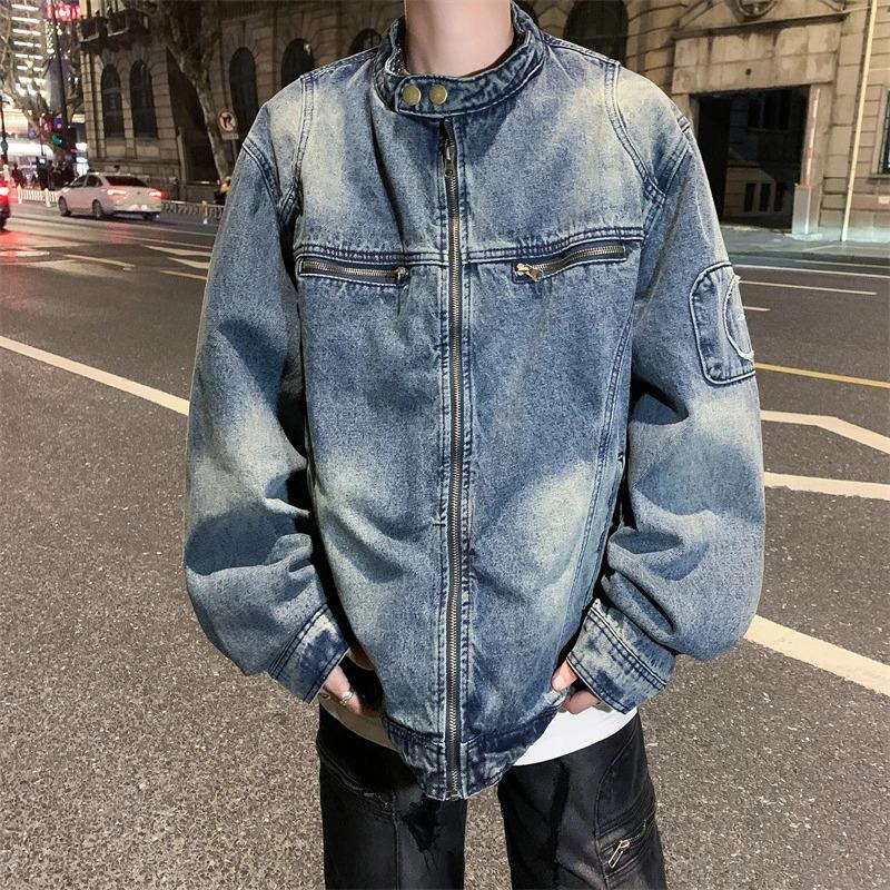 美式复古做旧水洗质感宽松牛仔外套男拉链情侣夹克潮牌休闲上衣女