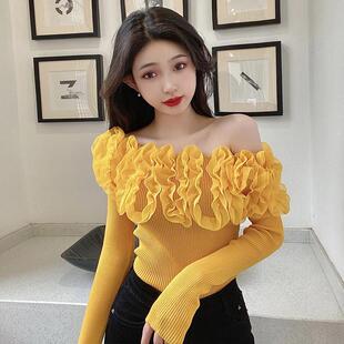 春季网红打底衫性感一字领木耳边套头针织衫百搭毛衣上衣