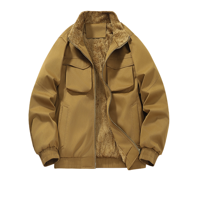 新款纯色冬季男士外套棉服棉衣二开多口袋毛领加绒羊羔毛保暖