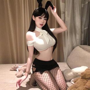 性感辣妹纯欲风挂脖绑带露肩短款 露脐上衣镂空包臀短裙OL制服套装