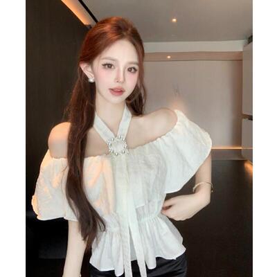法式荷叶边挂脖雪纺衬衫女夏纯欲甜辣妹一字肩收腰短款小上衣绝美