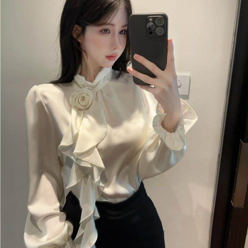 法式名媛精致立体花朵喇叭袖上衣女仙女款荷叶边飘带立领打底衫