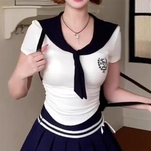 夏季 学院风跳舞穿搭甜美制服jk水手服上衣 海军领短袖 T恤女学生装