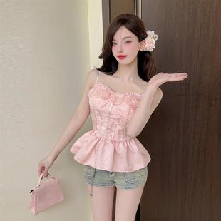 吊带背心女夏性感露背百搭上衣 粉色甜美纯欲少女立体花朵拼接无袖