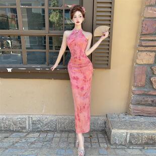 甜美新中式 包臀连衣裙 复古网纱植绒露肩挂脖改良旗袍性感气质修身