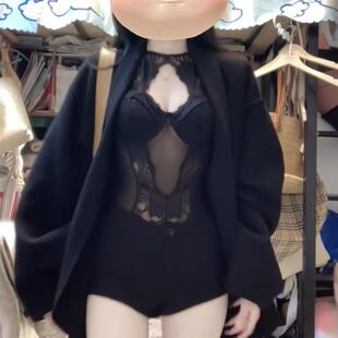 辣妹性感黑色蕾丝镂空挂颈吊带连身衣秋季 两件套 纯欲紧身包臀短裤