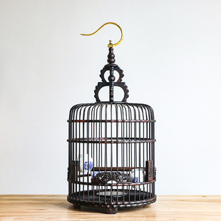 红木画眉鸟笼八哥鹩哥绣眼珍珠遛鸟笼子精品大号圆形手工雕刻鸟笼