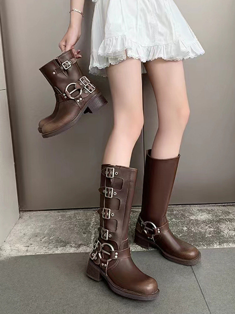 그러나 여성용 무릎 높이 부츠  가죽 레트로 나이트 부츠 벨트 버클 브라운 숏 부츠 트렌디 한 MIU 웨스턴 카우보이 부츠
