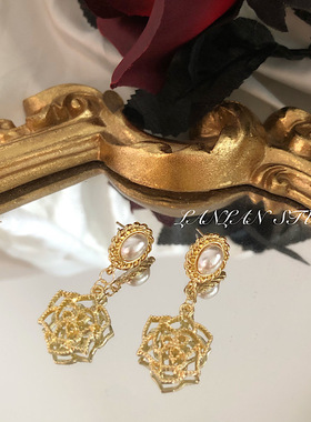 法式复古vintage巴洛克白色珍珠耳钉镂空气质玫瑰耳环女S925银针