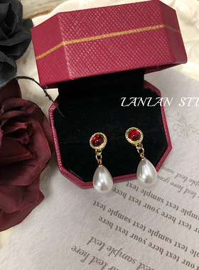 复古vintage宫廷巴洛克水滴珍珠耳环红色猫眼耳钉S925银针耳饰女