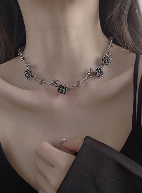 法式复古配饰黑色山茶花玫瑰项链ins小众设计女锁骨链气质颈链