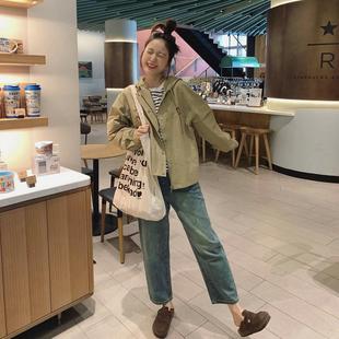 日系秋季 徐蹦蹦 版 型正 外套夾克 寬松卡其色連帽風衣女復古工裝