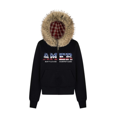 美式街头拉链可拆卸毛领连帽外套