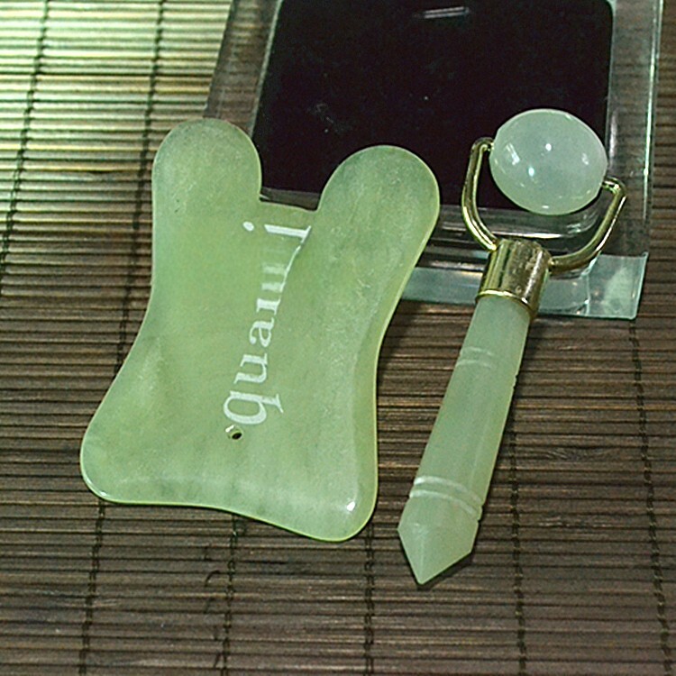 天然岫玉合金架美容器刮痧板套装 脸部面部眼部按摩棒 刮痧片