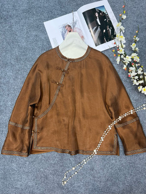 高端铜氨丝手工盘扣上衣外套新中式国风复古提花盘扣上衣宽松显瘦