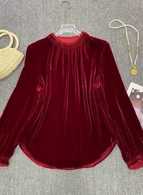 真丝丝绒纯手工钉珠上衣百搭气质时尚红色喜庆上衣真丝丝绒上衣