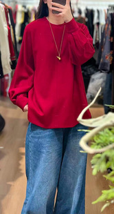 羊毛打底衫圆领前短后长羊毛宽松休闲衬衫上衣