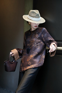 真丝香云纱暗花高级新中式国风盘扣立领外套宽松显瘦真丝提花上衣