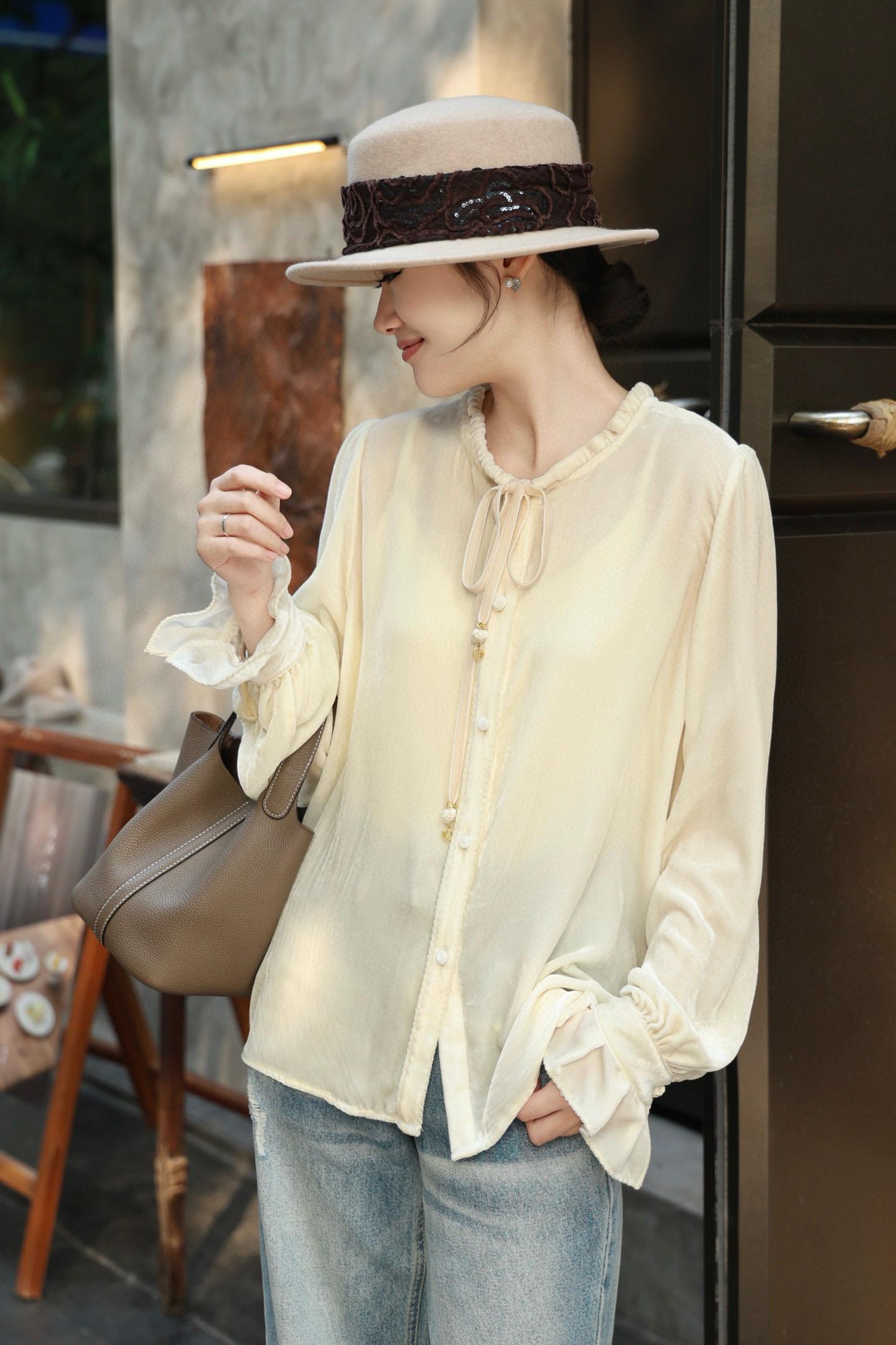 真丝丝绒上衣新中式国风真丝提花立领衬衫高级感气质长袖上衣女