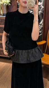 真丝丝绒拼接百分百香云纱龟裂短袖T恤新中式国风圆领盘扣上衣