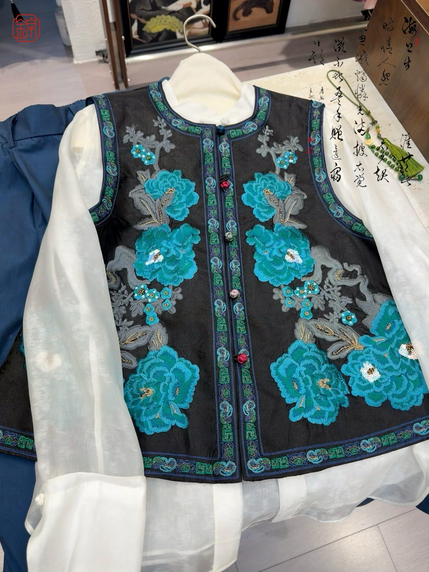 繁花牡丹桑蚕丝香云纱重工刺绣马甲新中式国风复古提花马甲女宽松