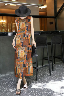 真丝香云纱印花连衣裙侧边有口袋新中式 国风圆领重工刺绣花长裙女