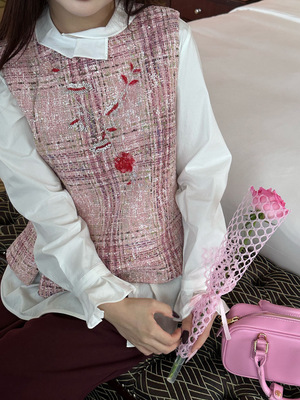 马凯重工钉珠粗纺羊毛马甲衬衣两件套新中式国风复古套装刺绣马甲