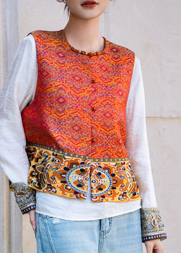 真丝宋锦拼绣花马甲新中式国风圆领盘扣气质百搭显瘦减龄上衣女