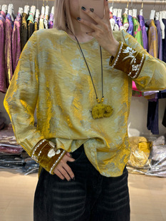 流光溢彩幻彩蝴蝶拼接丝绒袖口衬衫新中式国风圆领盘扣气质衬上衣