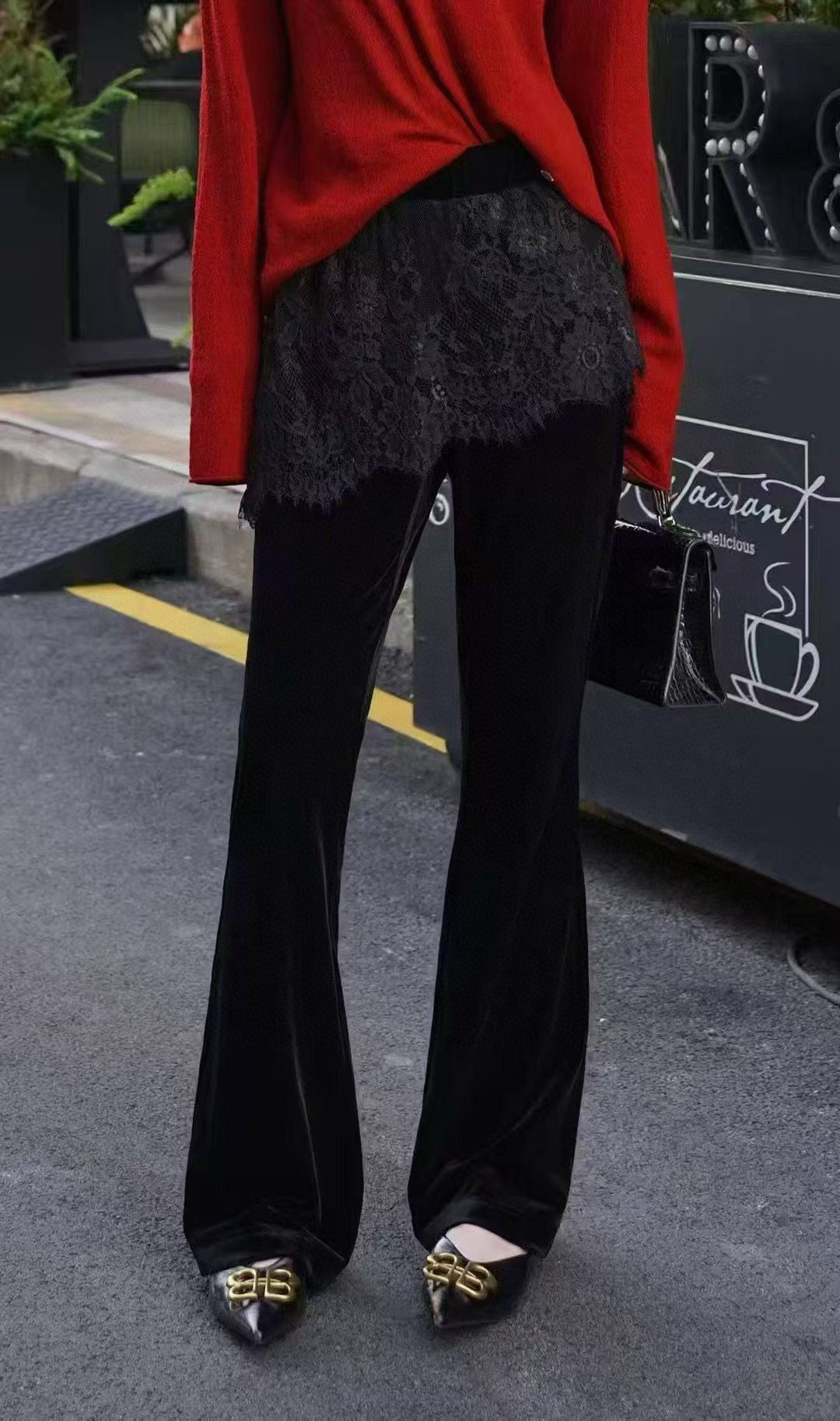 春装时尚蕾丝拼接搭汉服黑色微嗽百搭丝绒裤洋气黑色微喇西装裤,女装/女士精品,裤子,淘宝优惠券,粉丝福利购,淘宝优惠卷