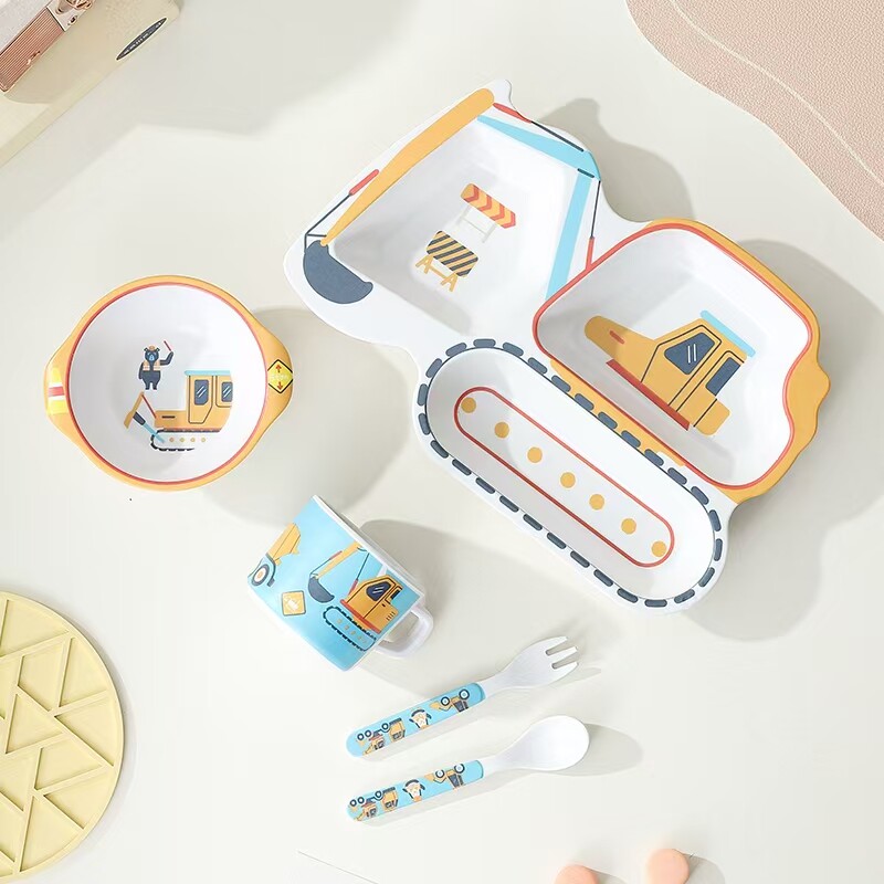 竹纤维儿童餐具套装卡通辅食碗宝宝吃饭分格盘子小孩子餐盘勺叉杯
