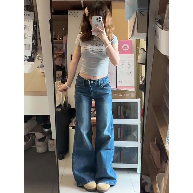 复古水洗竹纹微喇牛仔裤女秋季宽松阔腿低腰粗腿遮肉显瘦拖地裤