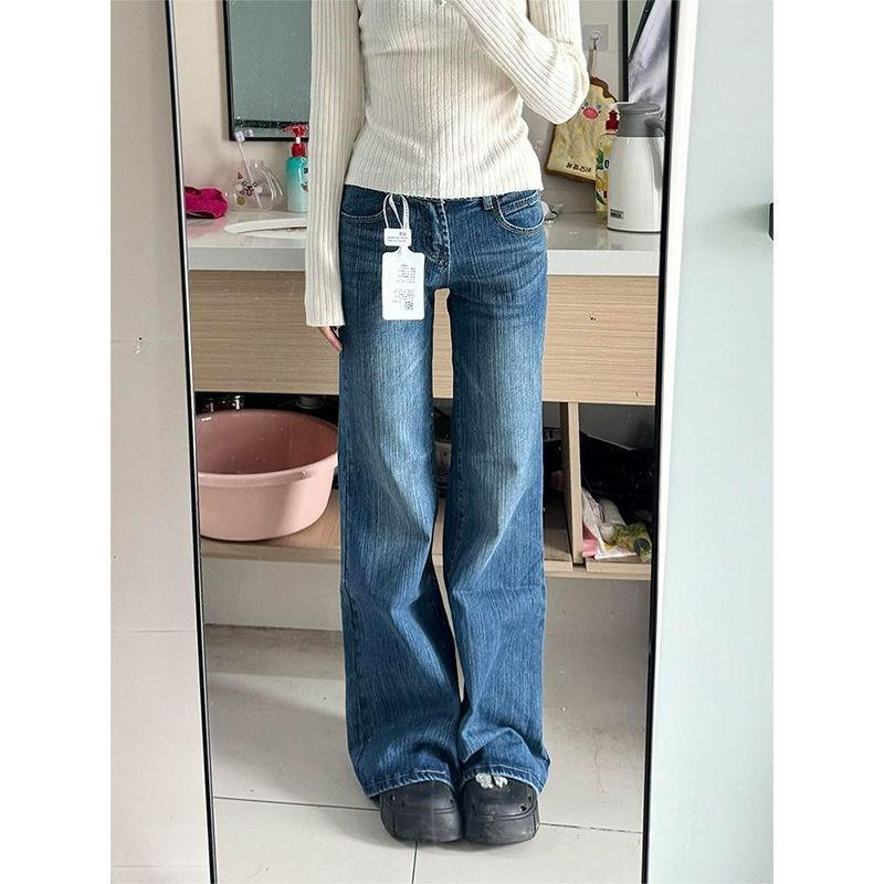 水洗竹纹微喇牛仔裤女秋季宽松阔腿低腰不贴腿粗腿遮肉显瘦喇叭裤