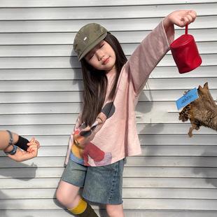 26春夏新款女童粉色米奇T恤牛仔短裤儿童条纹长袖T恤韩版休闲卫裤