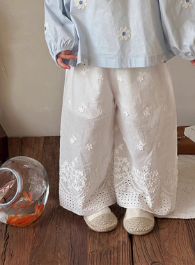 女童春装森系蕾丝花边长裤2025童装裤子女宝宝白色百搭阔腿直筒裤