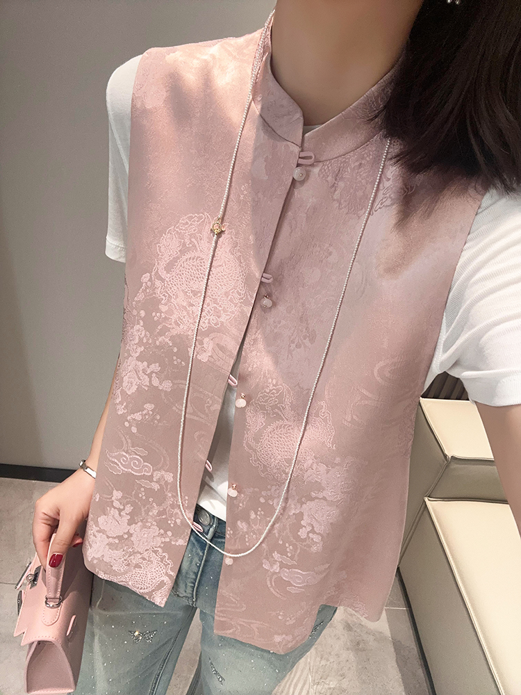 气质温婉！老钱风龙纹酸酸提花小立领粉色新中式马甲国风坎肩外搭