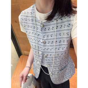 精致小清新 小香风马甲 钉珠花朵扣羊毛混纺浅水蓝编织粗花呢修身