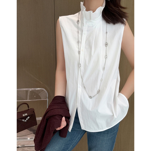 叠穿神器！舒适抗皱 法式木耳边小立领白色无袖衬衫+花边袖衬衣女