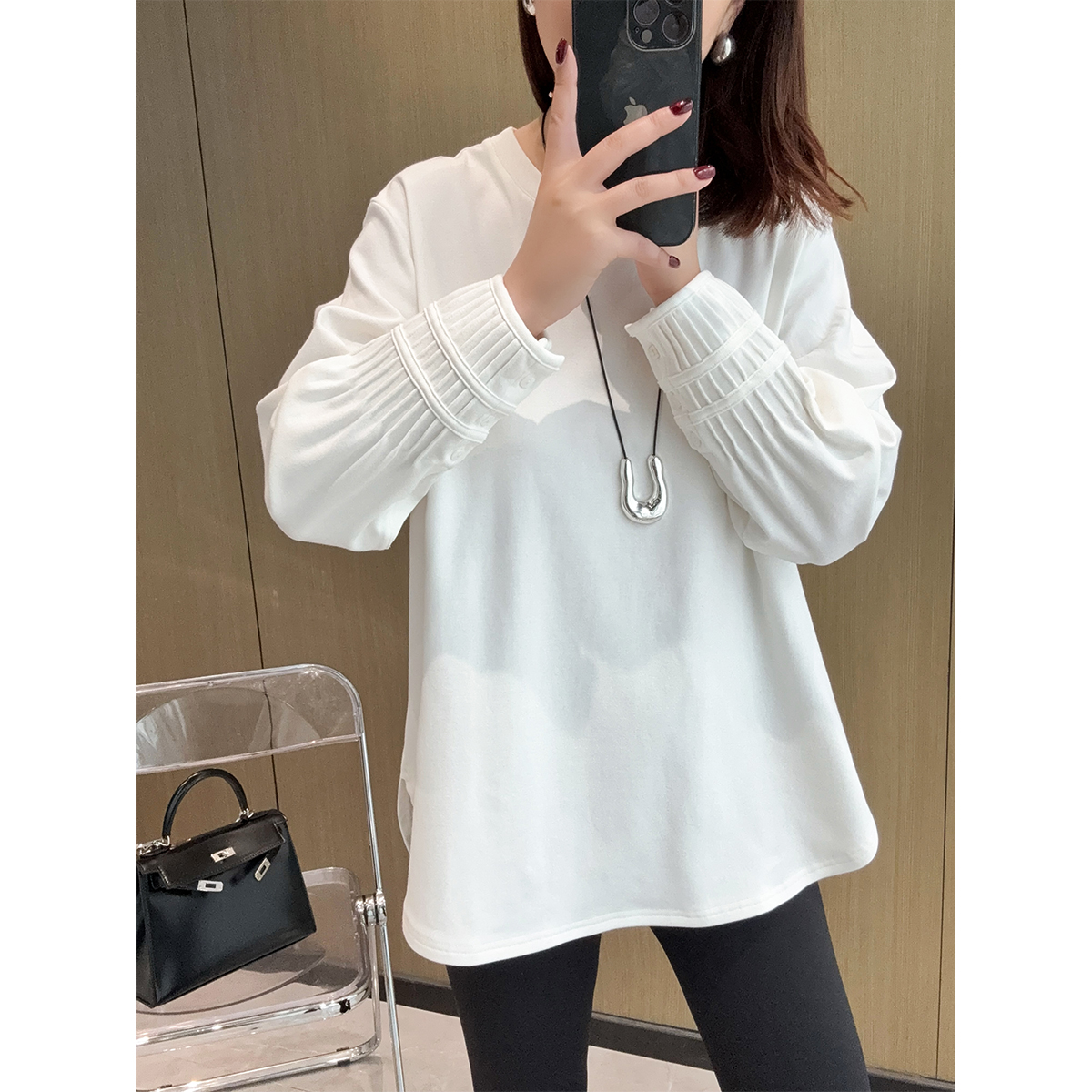 经典百搭王！宽松慵懒 压褶袖口加厚磨毛中长款白色打底T恤上衣女