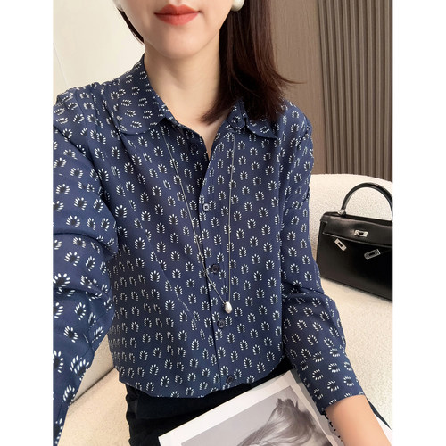 梅丁同款！气质优雅 26早秋复古蓝色印花长袖真丝衬衫桑蚕丝上衣