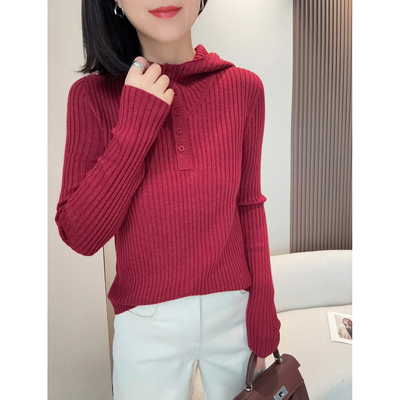 美丽诺羊毛坑条加厚连帽针织毛衣