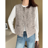 轻奢高级感 领口钉珠绵羊毛马海毛编织粗花呢小香风短款 马甲背心