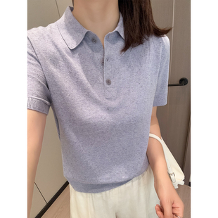 RIBBE匠心品质!彩色小颗粒 丝棉麻混纺点子纱POLO领短袖针织衫女