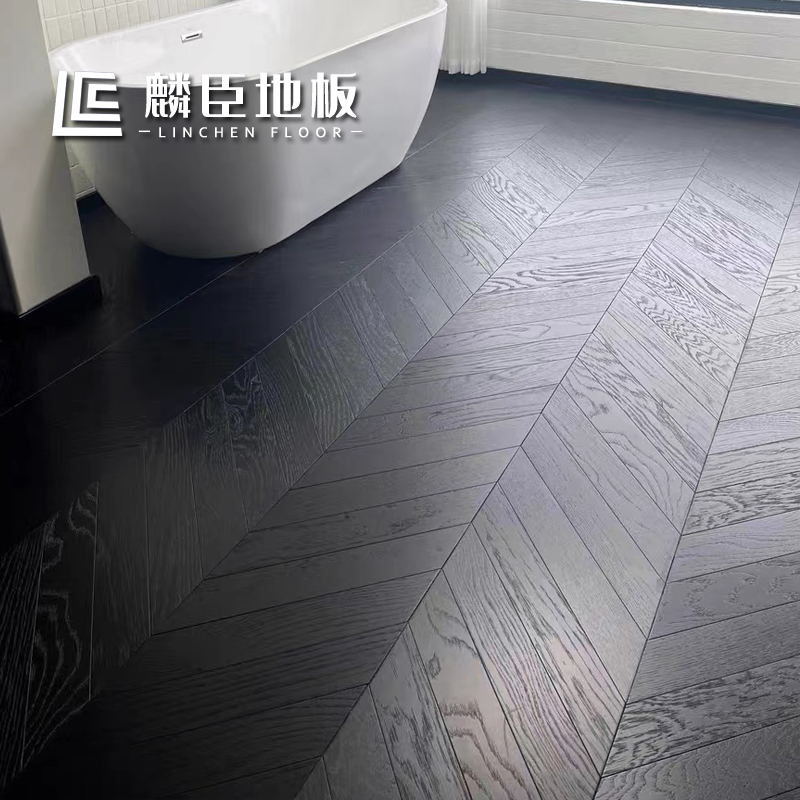 轻奢极简橡木纯黑色鱼骨拼地板