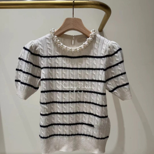 2025秋冬新款SD~ 法式时尚珍珠领条纹米色羊毛衣短袖针织衫上衣