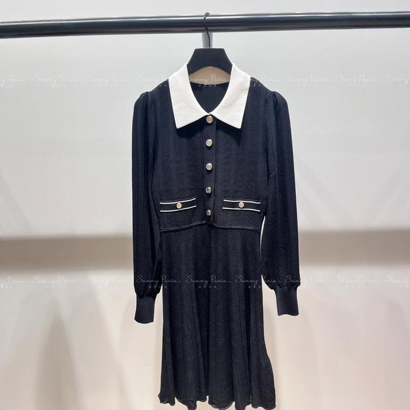 24秋冬S@NDRO法式撞色POLO领泡泡袖长袖百褶短连衣裙SFPRO02123