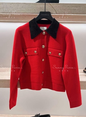 23秋冬新款法式SD单排金属扣丝绒领拼接针织衫外套女SFPCA00851