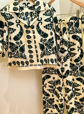 25春夏S法式休闲气质绿色印花短袖衬衫上衣+长裤