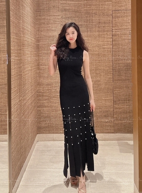 24春夏S@NDRO流苏边珍珠刺绣收腰无袖中长针织连衣裙SFPRO03457