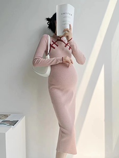 孕妇秋冬新中式 国风旗袍针织长裙复古立领盘扣开叉包臀内搭连衣裙